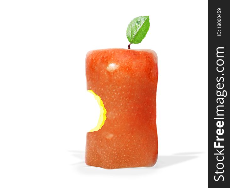 Square red apple with a bite and a green leaf on top