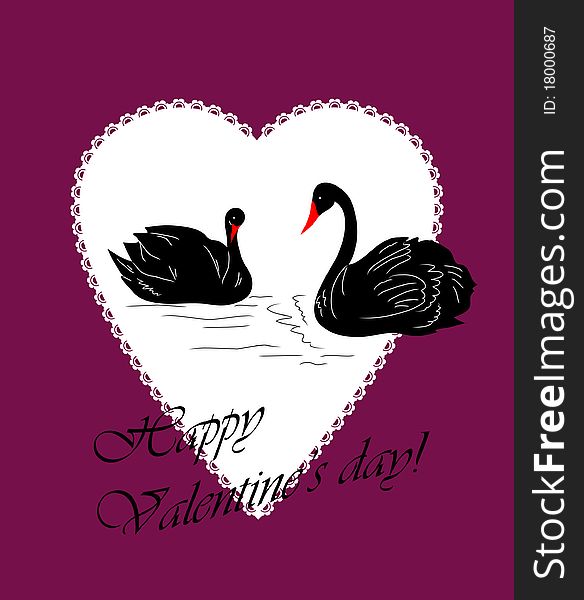 Postcard with two black swans to the Valentine's day
