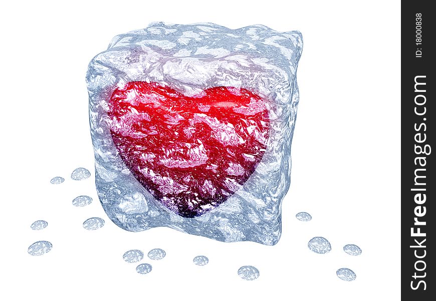 Ice cube with frozen red heart in it. Ice cube with frozen red heart in it