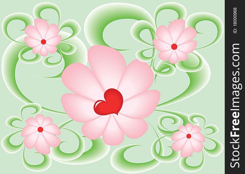 Abstract background with pink colors, green leaves and red heart.