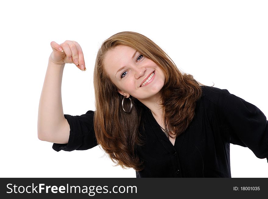 Young woman holding hand presenting a product. On a white background. Young woman holding hand presenting a product. On a white background