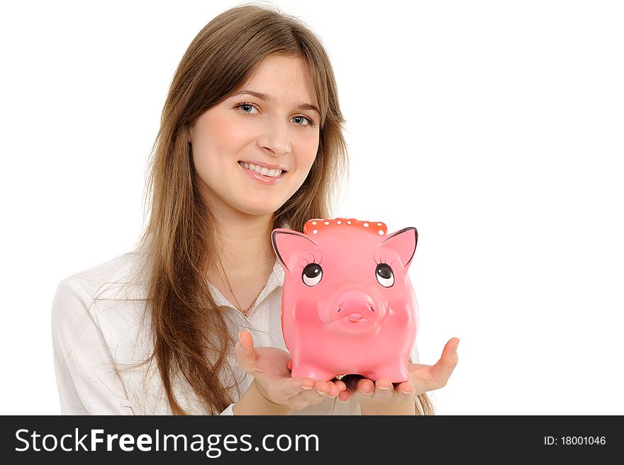 Woman with a piggybank isolated on white background. Woman with a piggybank isolated on white background