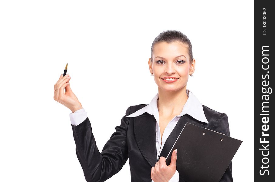 Business woman showing with hand on white spac