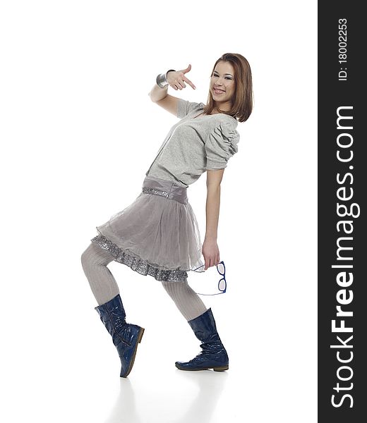 Young confident woman in cool clothes pointing at herself with her finger. Young confident woman in cool clothes pointing at herself with her finger