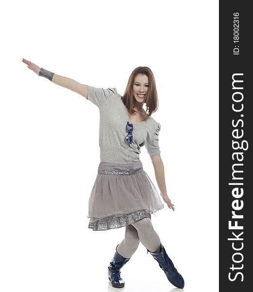 Young woman in cool clothes posing happy. Young woman in cool clothes posing happy