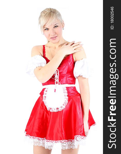 Woman in red French Maid outfit
