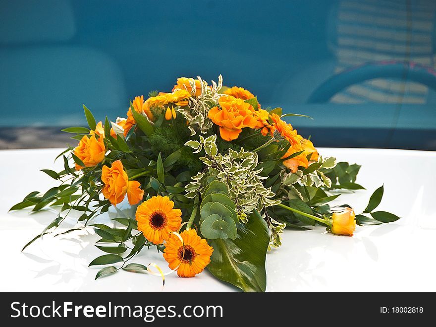 Flowers on the wedding car