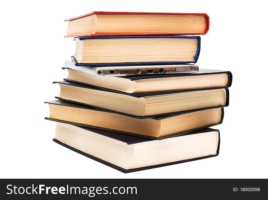 Reader and old books on a white background