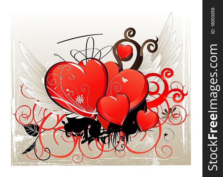 Art illustration of a red hearts with white wings on a creative background/ eps. Art illustration of a red hearts with white wings on a creative background/ eps