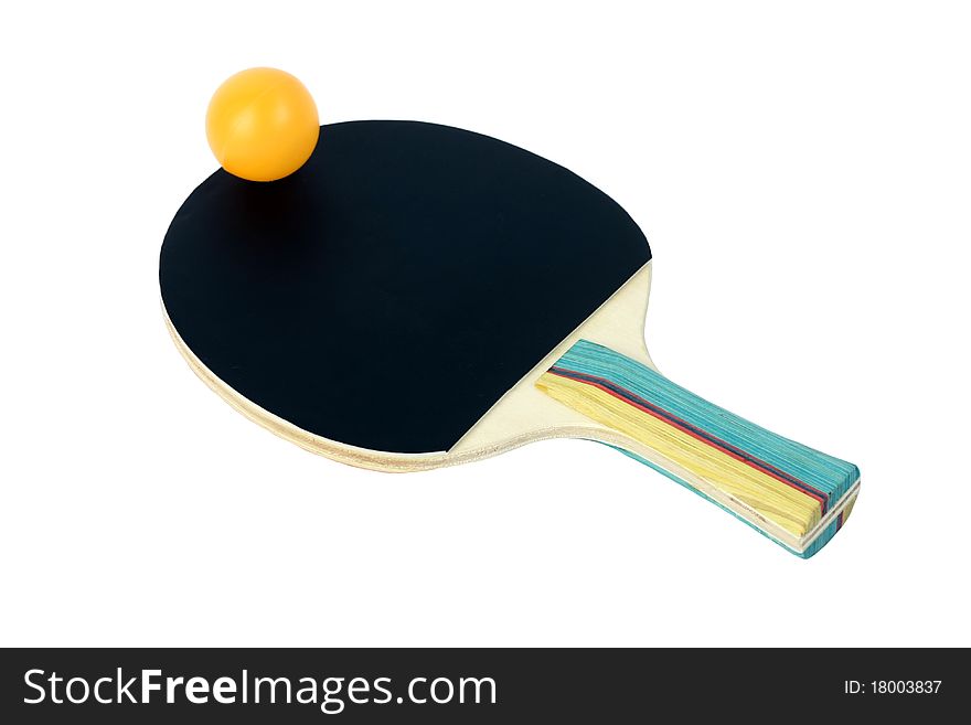 Table tennis racket and ball on a white background