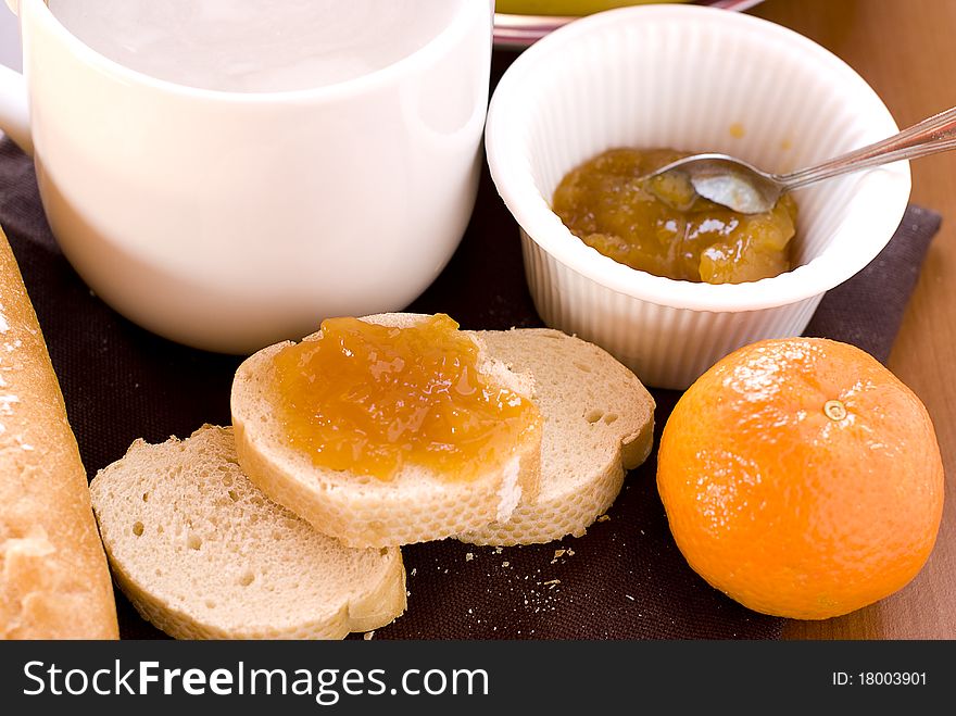 Breakfast with oranges and milk. Breakfast with oranges and milk