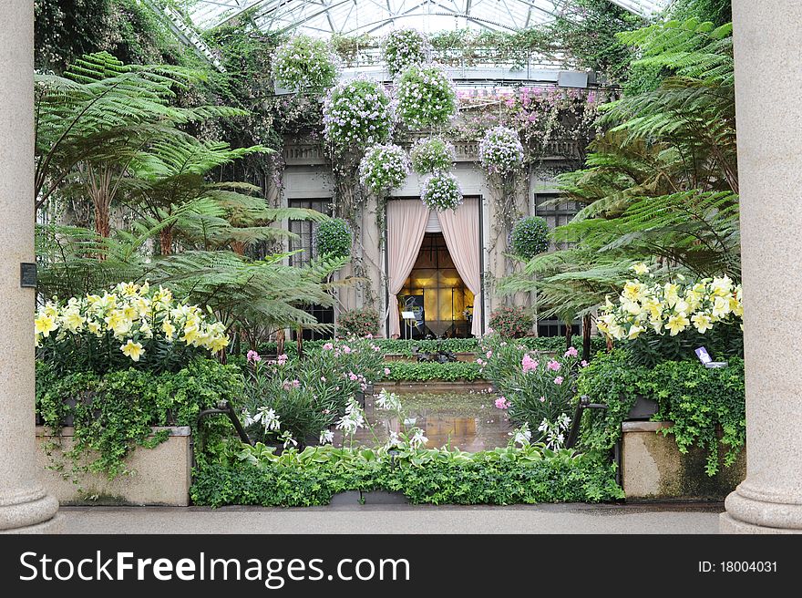 Beautiful hanging baskets in indoor greenhouse garden. Beautiful hanging baskets in indoor greenhouse garden