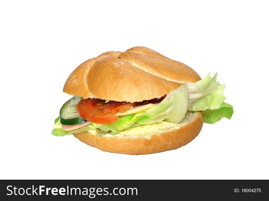 Appetizing sandwich with ham lettuce and cucumber on white background