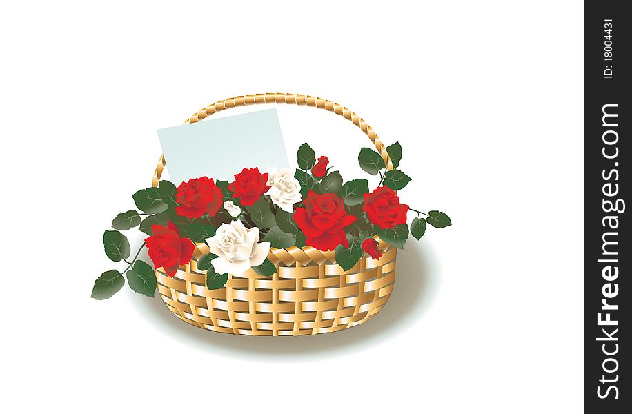 Wicker basket with red and white roses. Wicker basket with red and white roses