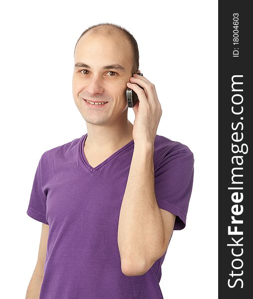 Young casual man on the phone, isolated on white background