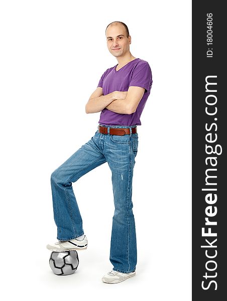 Happy young man with a soccer ball over white background