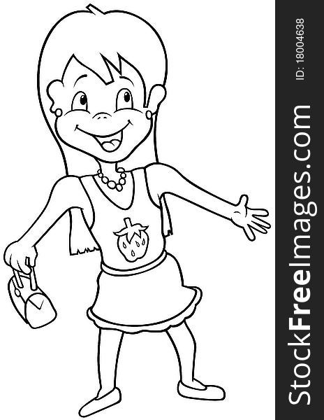 Girl with Summer Dress - Black and White Cartoon illustration, Vector