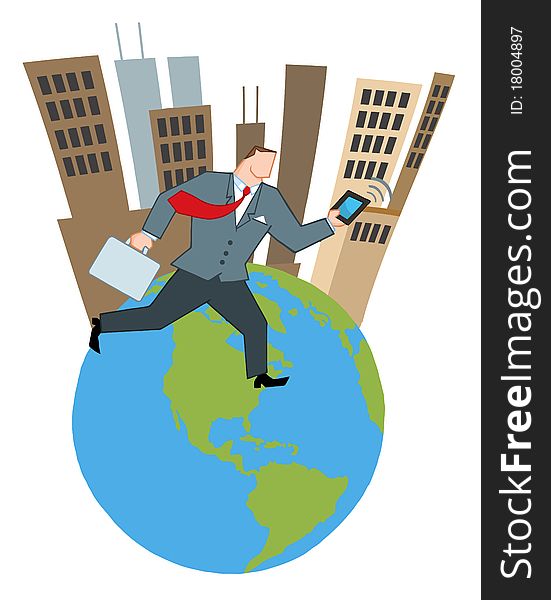 Businessman running around a globe