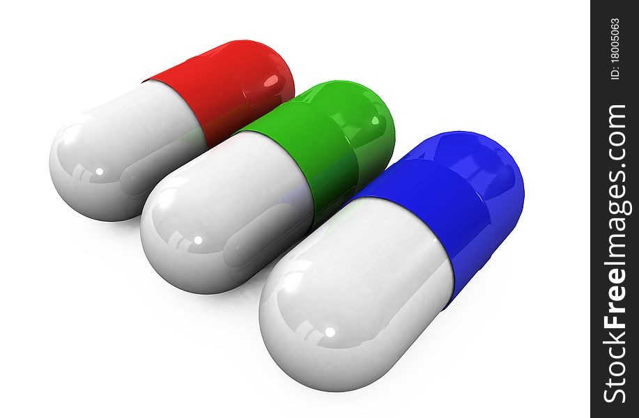 3d different tablets and pills on a white background. 3d different tablets and pills on a white background