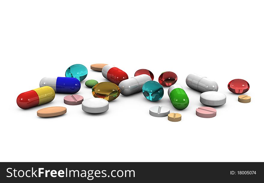 3d different tablets and pills on a white background. 3d different tablets and pills on a white background