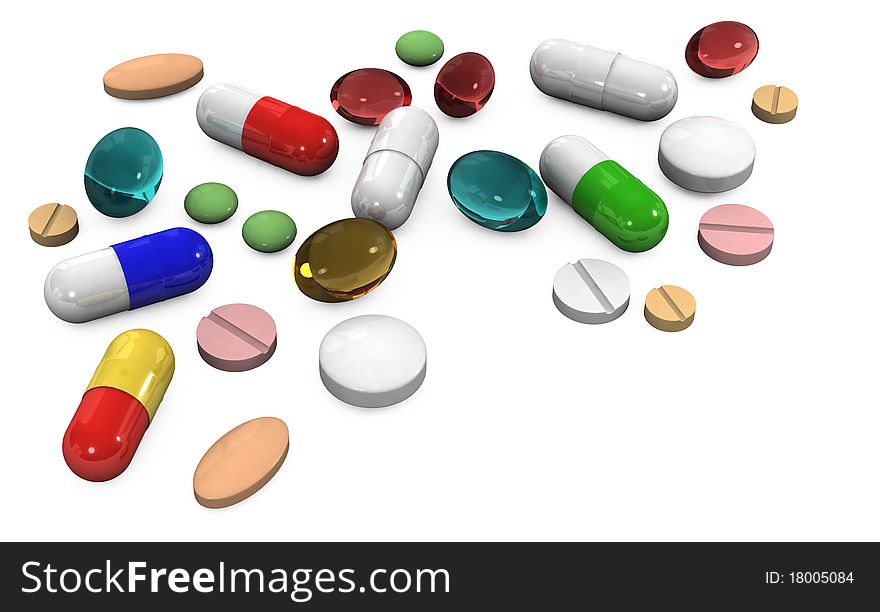 3d different tablets and pills on a white background. 3d different tablets and pills on a white background