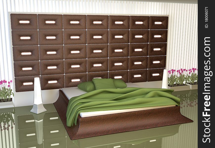 The bedroom is decorated with brown leather accents. The bedroom is decorated with brown leather accents