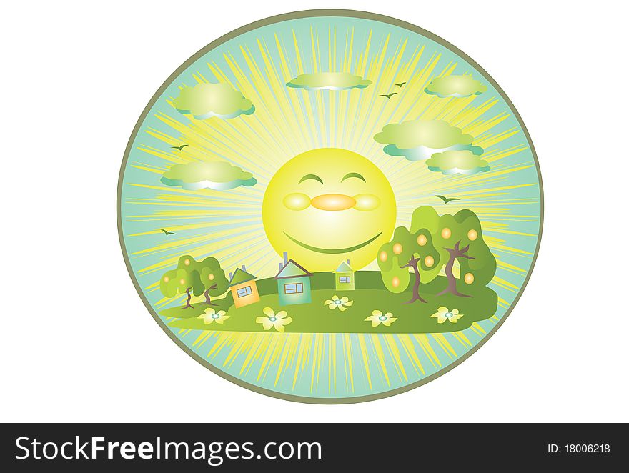 Round background with sun and landscape of the countryside. Round background with sun and landscape of the countryside
