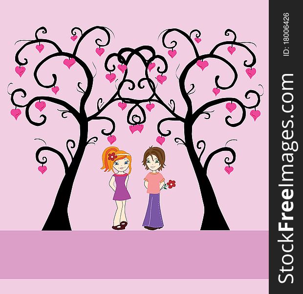 Valentine' day card with boy, girl, love trees and space for text. Valentine' day card with boy, girl, love trees and space for text