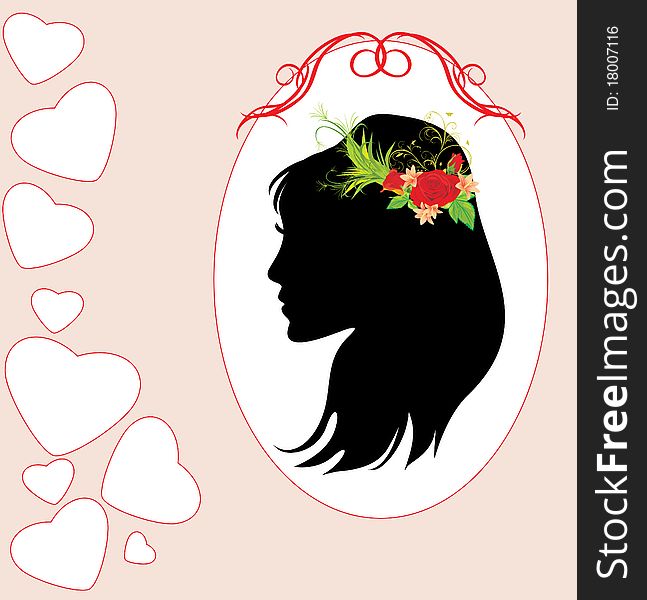 Portrait of beautiful woman with bouquet in hair. Valentines card. Illustration. Portrait of beautiful woman with bouquet in hair. Valentines card. Illustration