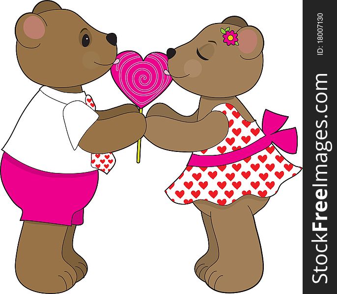 A teddy bear couple are sharing a lollipop shaped like a heart. A teddy bear couple are sharing a lollipop shaped like a heart