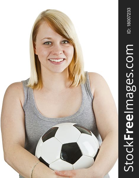 Young woman wiith soccer ball- isolated on white