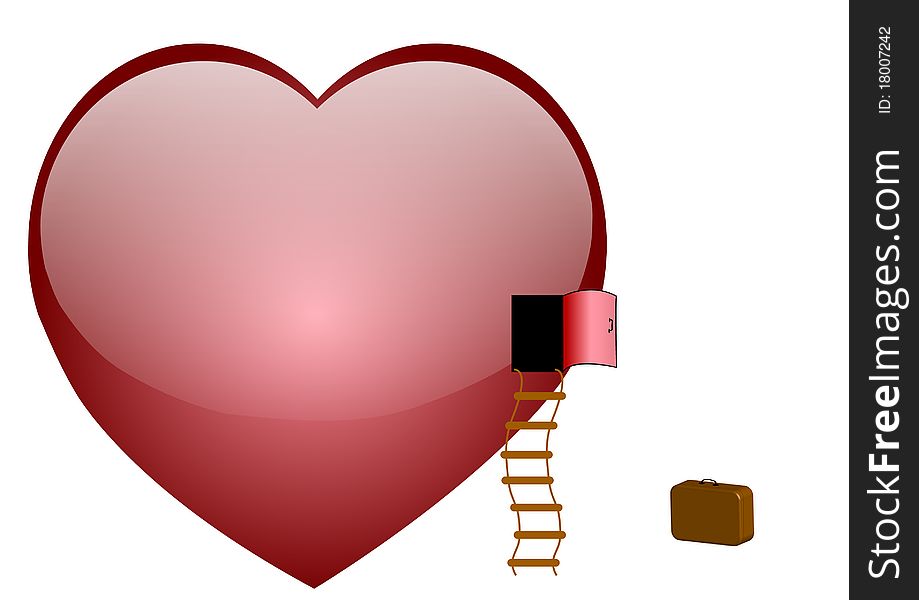 Big red heart vnem door open staircase suitcase. Big red heart vnem door open staircase suitcase