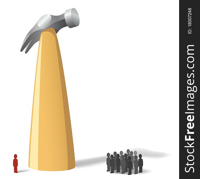 Vector illustration. Concept image of big hammer with little people