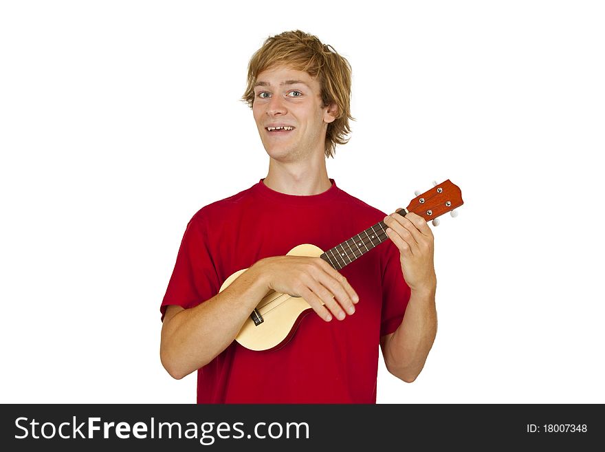 Young man with ukulele isolated on white background. Young man with ukulele isolated on white background