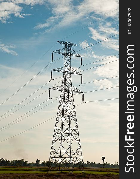 High voltage,electric pillar in rice field