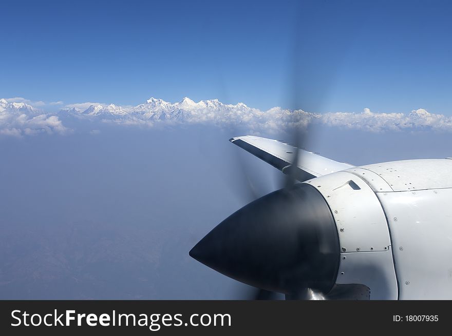 Himalayan Range in Everest area from above shoot out of airplane. Himalayan Range in Everest area from above shoot out of airplane