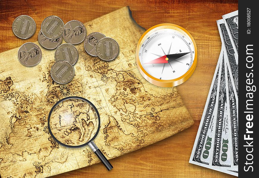 Money, magnifier, compass, card