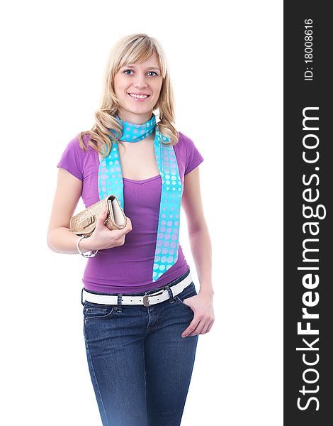Portrait of attractive blonde woman with bag on the white background. Portrait of attractive blonde woman with bag on the white background