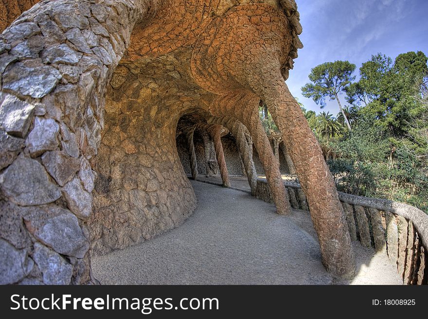 Colonnaded pathway in Park Guell, Spain. Colonnaded pathway in Park Guell, Spain