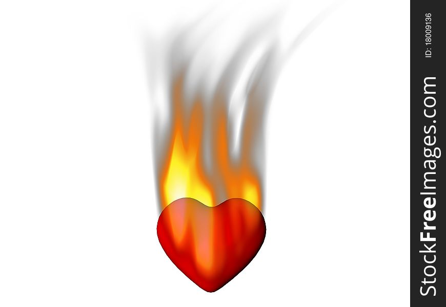 A red heart on fire with a white background. A red heart on fire with a white background