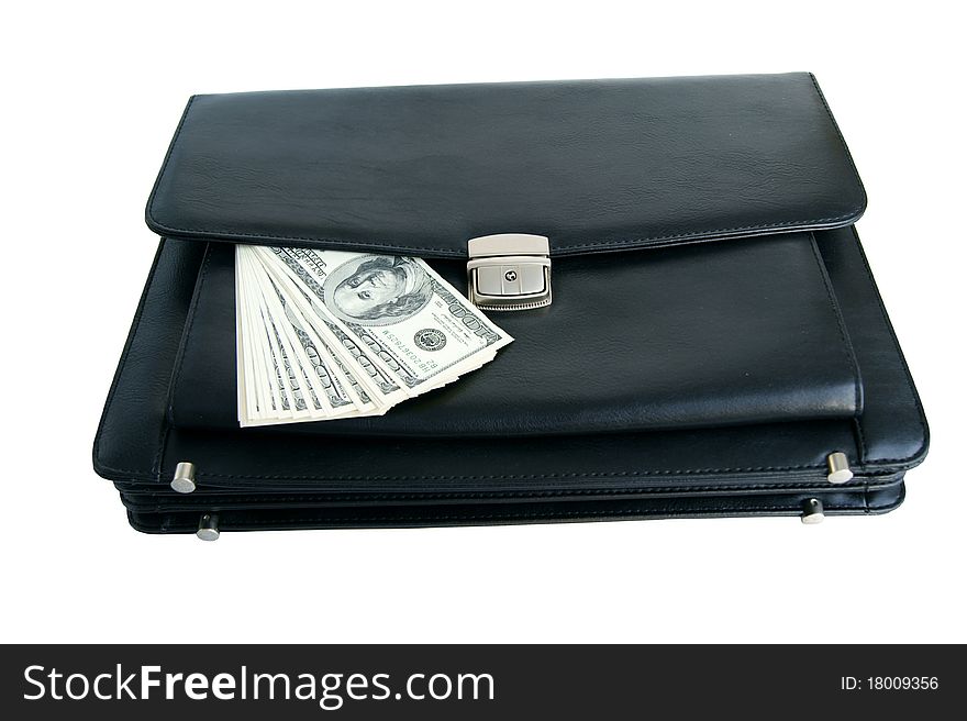 Black briefcase and money isolated on white background