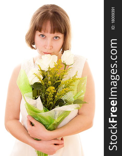Girl with a bouquet of white roses. Girl with a bouquet of white roses.