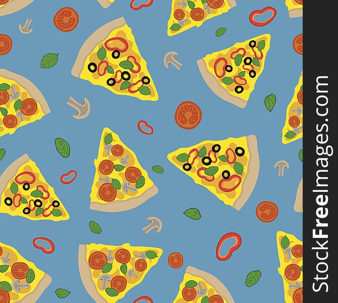 Pizza with vegetables seamless pattern on blue background illustration