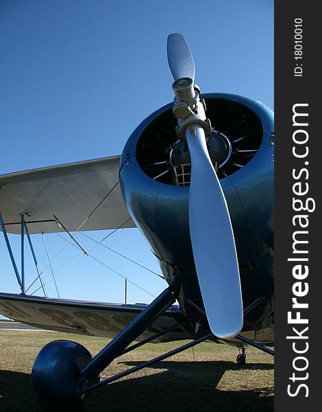 A blue biplane, built in 1939