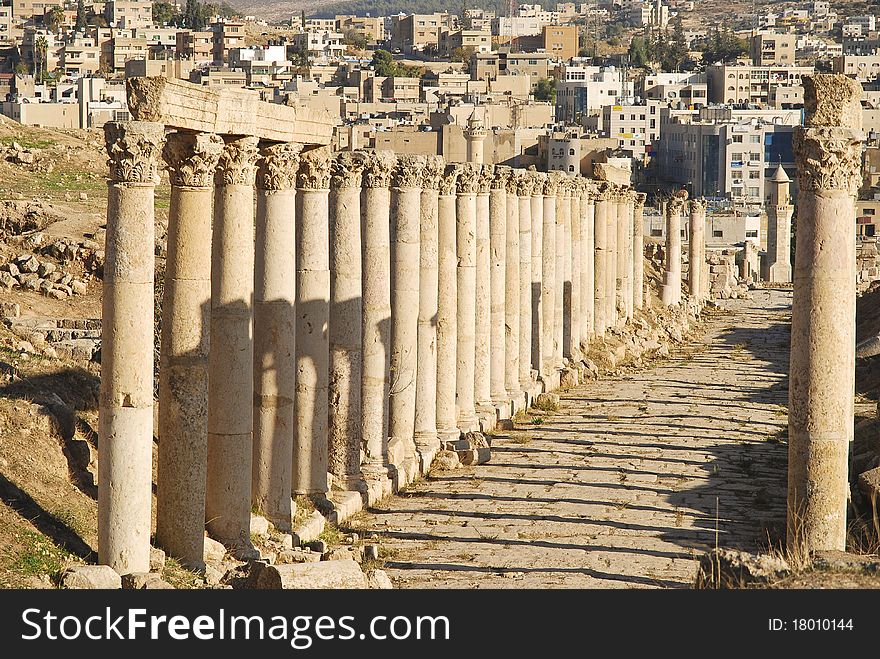 One of the avenues with columns in Jerash, Jordan. One of the avenues with columns in Jerash, Jordan