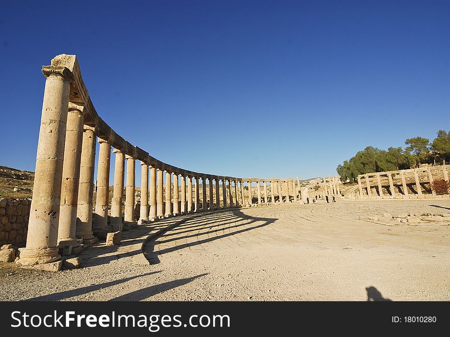 Pillars Of The Oval Plaza In Jerash, Jordan