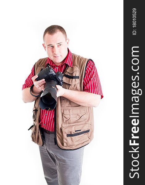 Photographer with digital kamera and zoom lens on white background