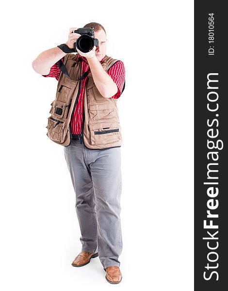 Photographer with digital kamera and zoom lens on white background