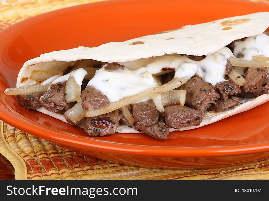 Beef pita with onions and sauce on a plate. Beef pita with onions and sauce on a plate