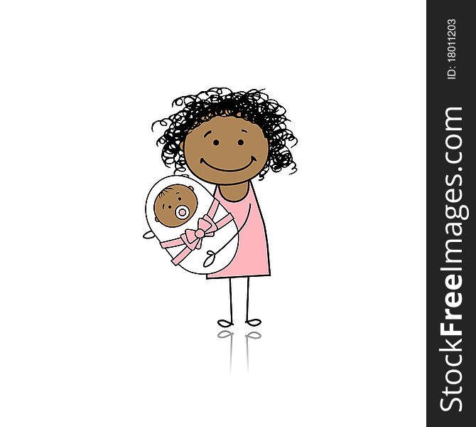 Happy mother smiling with newborn baby,  illustration